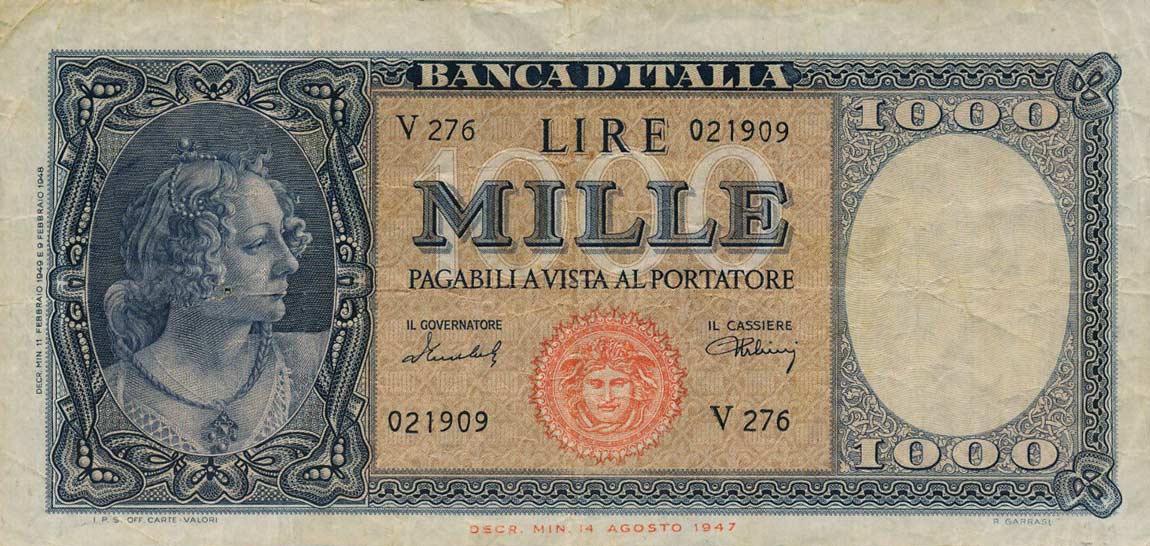 Front of Italy p88b: 1000 Lire from 1949