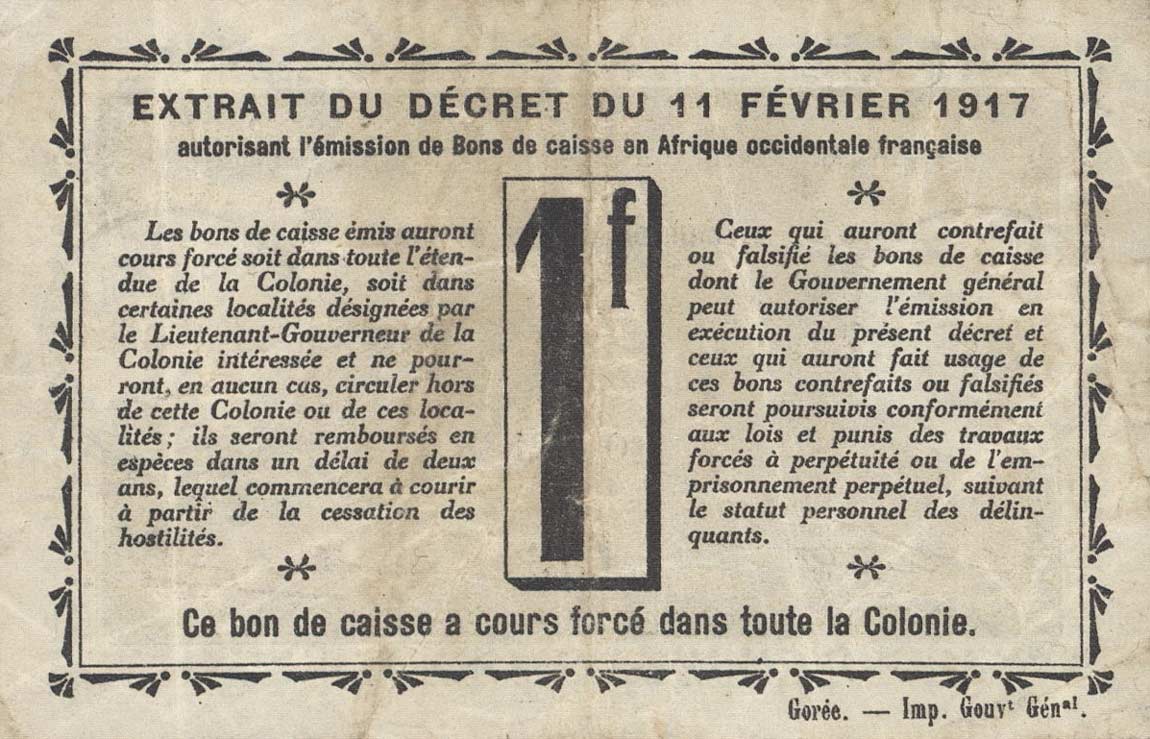 Back of Ivory Coast p2a: 1 Franc from 1917