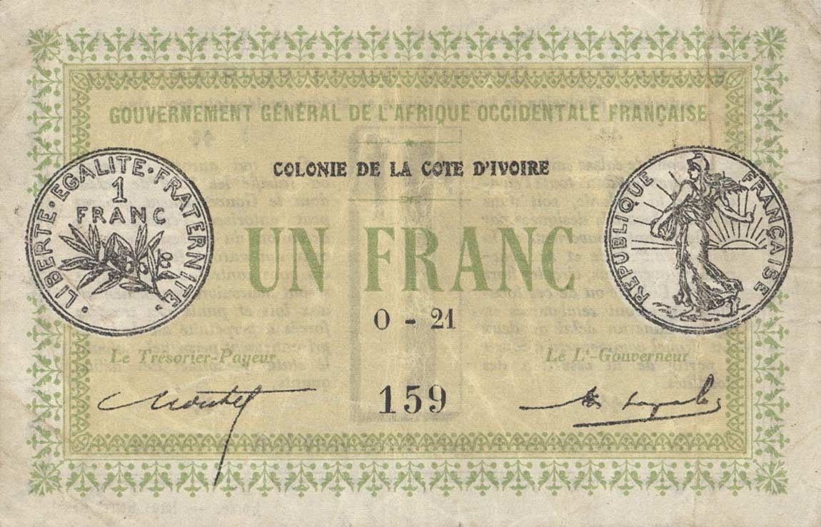 Front of Ivory Coast p2a: 1 Franc from 1917