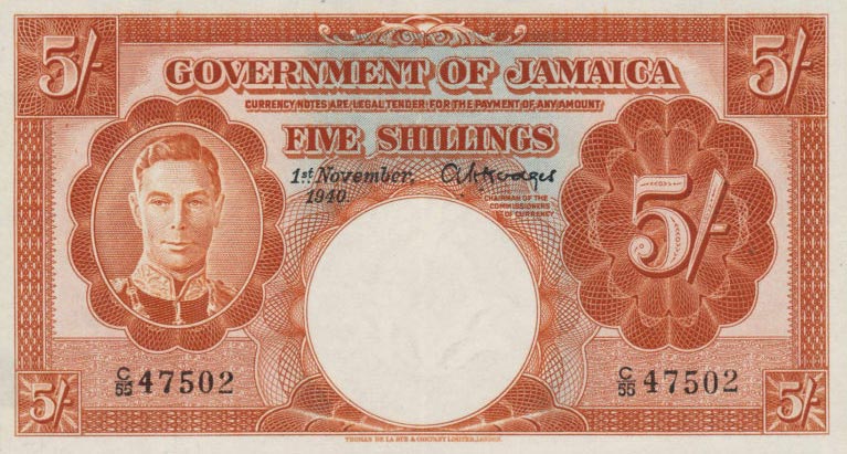 Front of Jamaica p37a: 5 Shillings from 1939