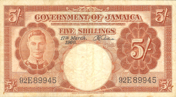 Front of Jamaica p45: 5 Shillings from 1952