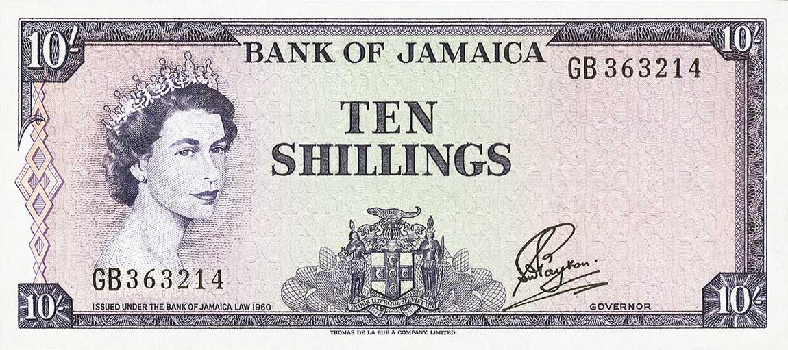 Front of Jamaica p50: 10 Shillings from 1961