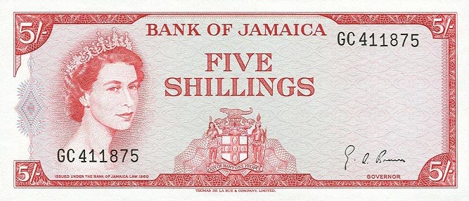 Front of Jamaica p51Ad: 5 Shillings from 1964