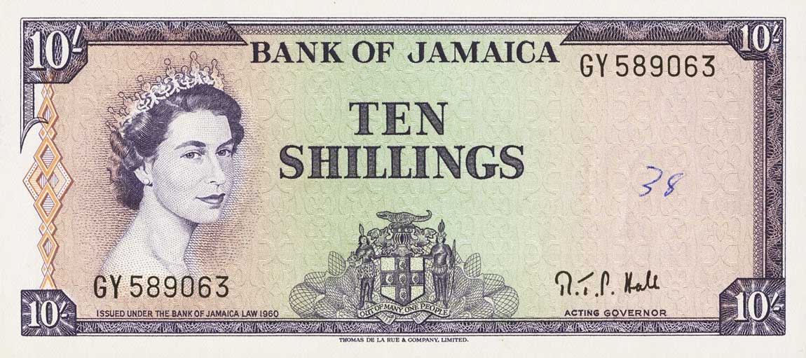 Front of Jamaica p51Bd: 10 Shillings from 1964