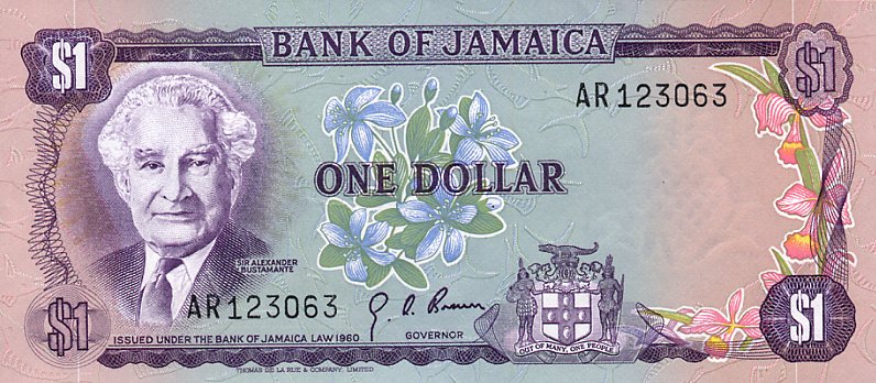 Front of Jamaica p54: 1 Dollar from 1970