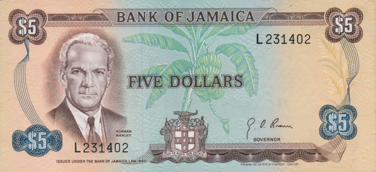 Front of Jamaica p61a: 5 Dollars from 1976