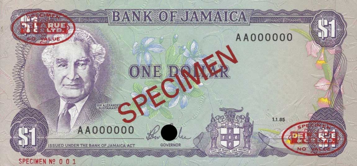 Front of Jamaica p68As: 1 Dollar from 1985