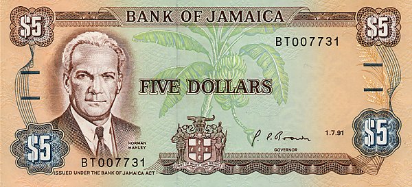 Front of Jamaica p70d: 5 Dollars from 1991