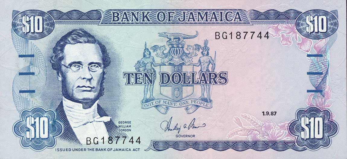 Front of Jamaica p71b: 10 Dollars from 1987