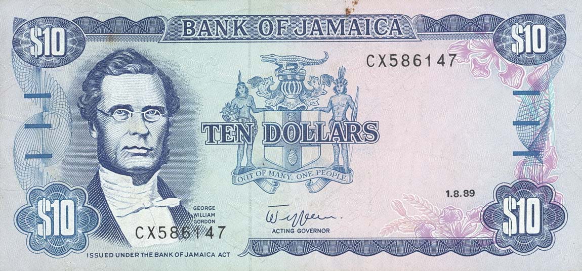 Front of Jamaica p71c: 10 Dollars from 1989