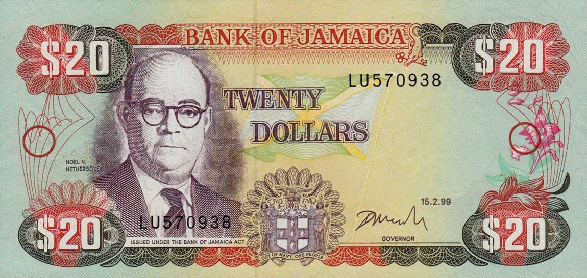 Front of Jamaica p72g: 20 Dollars from 1998