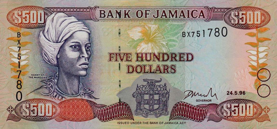 Front of Jamaica p77b: 500 Dollars from 1996