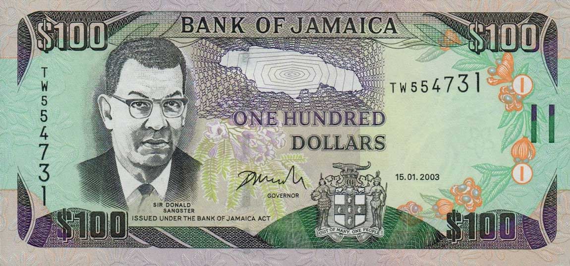 Front of Jamaica p80c: 100 Dollars from 2003