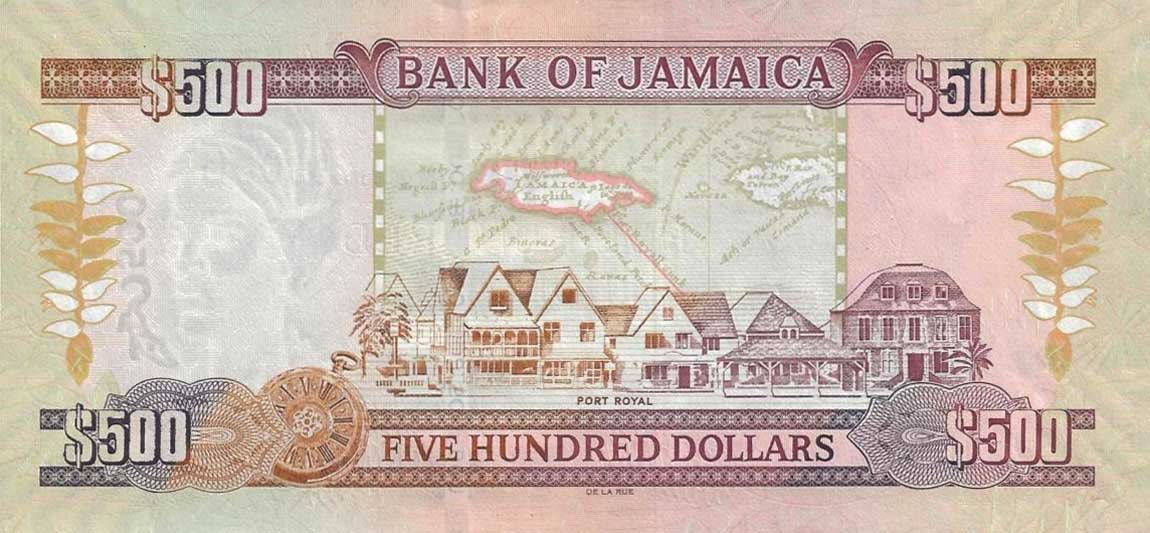 Back of Jamaica p85d: 500 Dollars from 2006