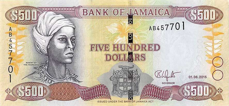 Front of Jamaica p85A: 500 Dollars from 2015