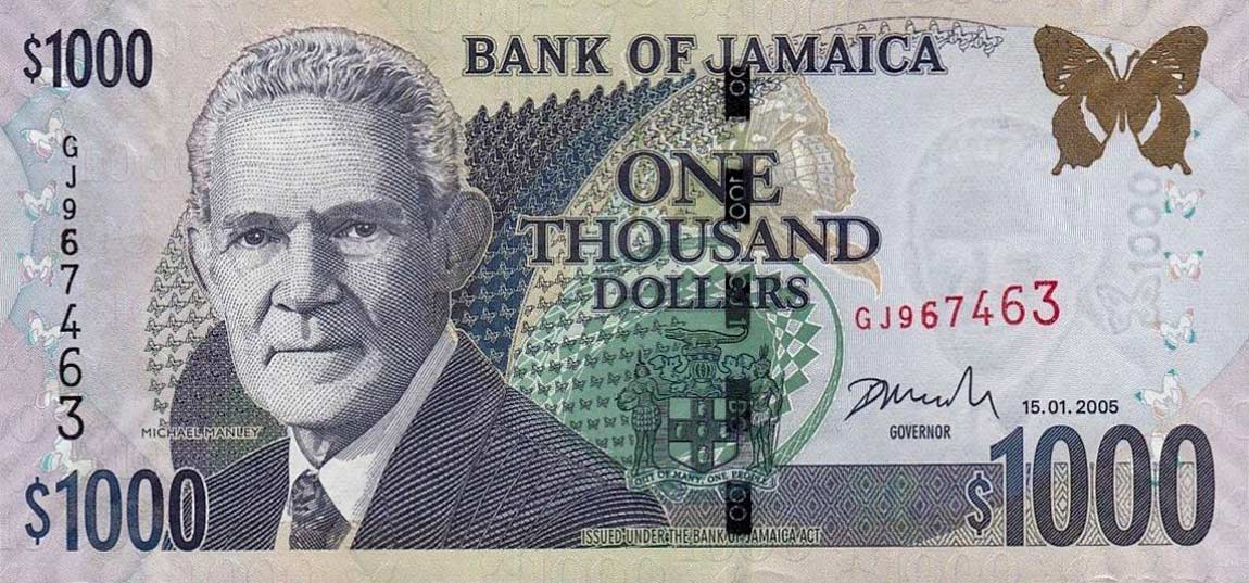 Front of Jamaica p86c: 1000 Dollars from 2005