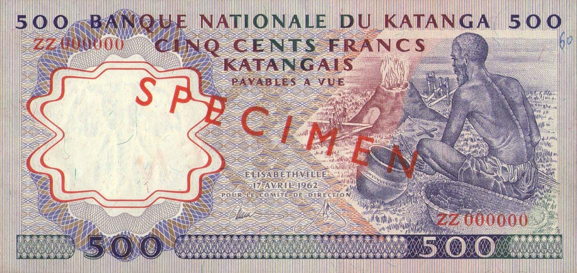 Front of Katanga p13s: 500 Francs from 1962