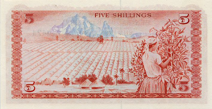 Back of Kenya p11d: 5 Shillings from 1977