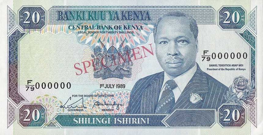Front of Kenya p25s: 20 Shillings from 1988