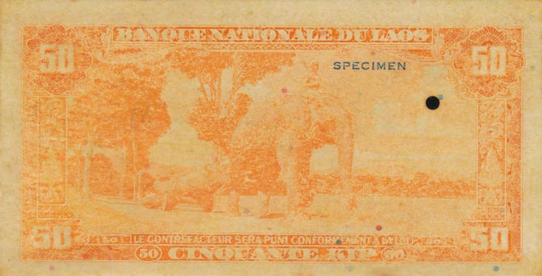 Back of Laos p5s1: 50 Kip from 1957