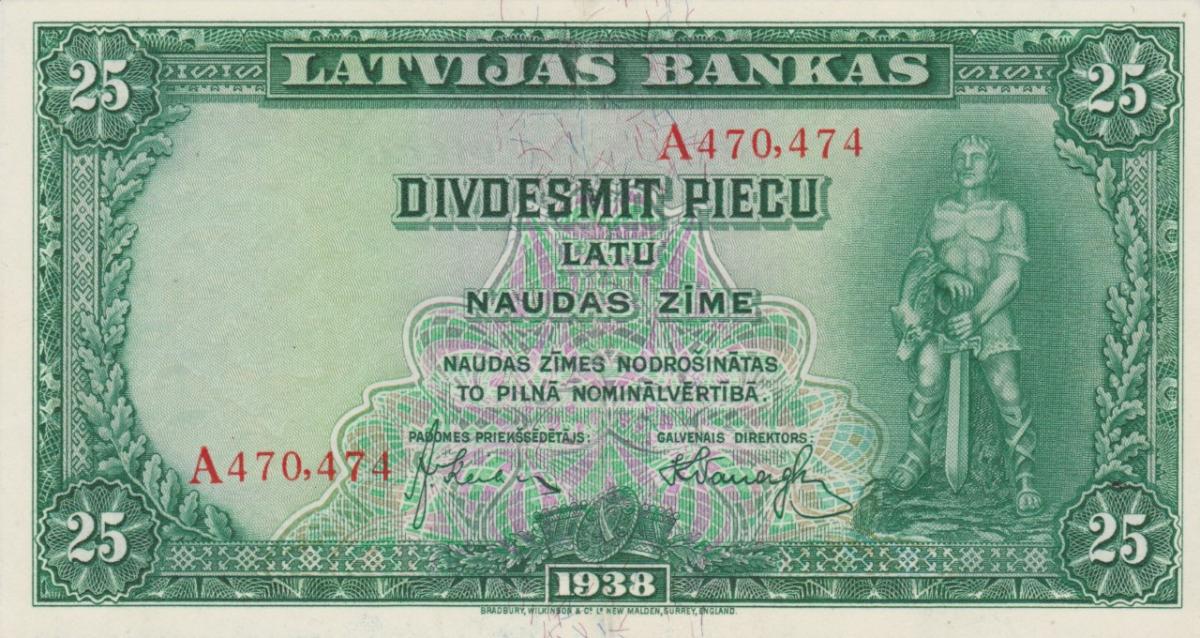 Front of Latvia p21a: 25 Latu from 1938