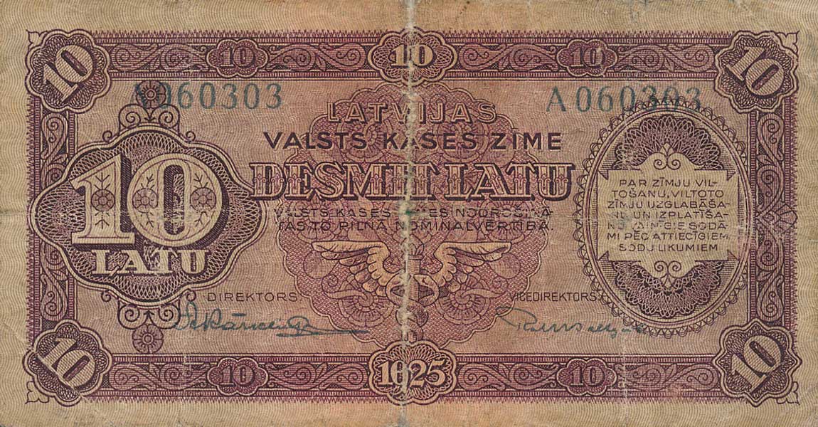 Front of Latvia p24a: 10 Latu from 1925