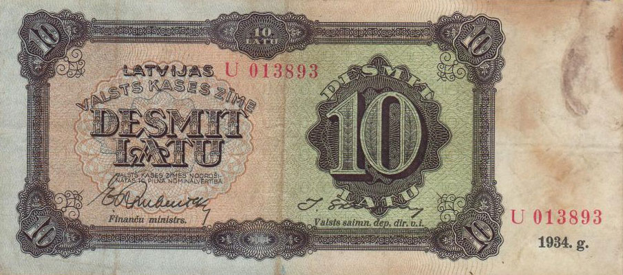 Front of Latvia p25d: 10 Latu from 1934