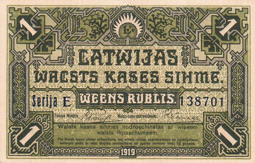 Front of Latvia p2b: 1 Rublis from 1919