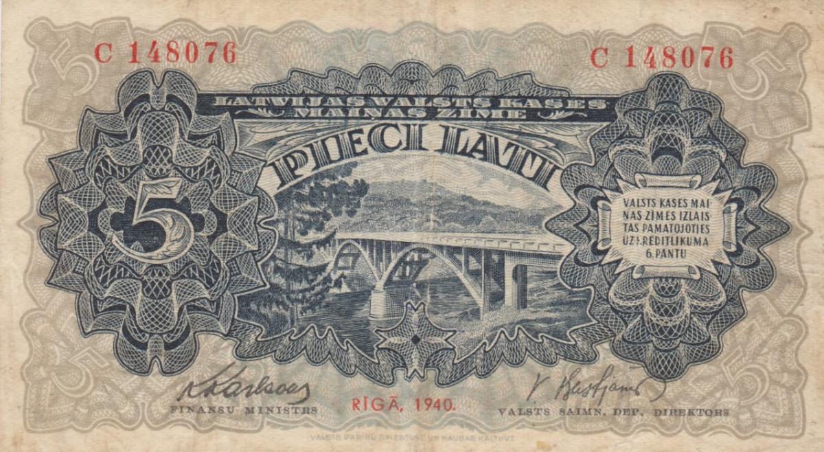 Front of Latvia p34a: 5 Lati from 1940