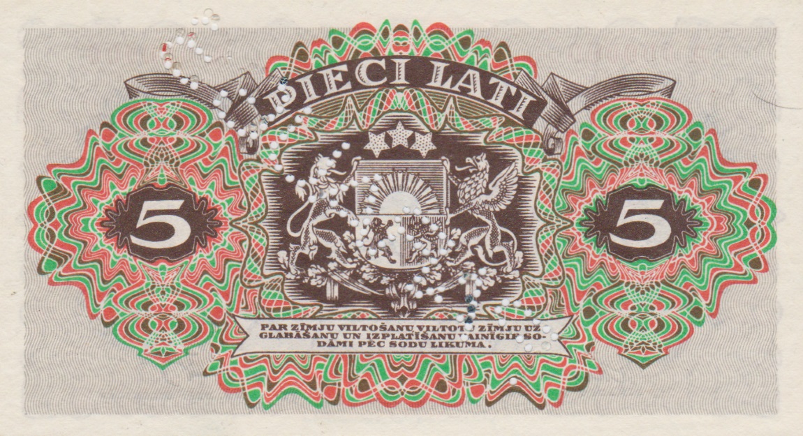 Back of Latvia p34s: 5 Lati from 1940