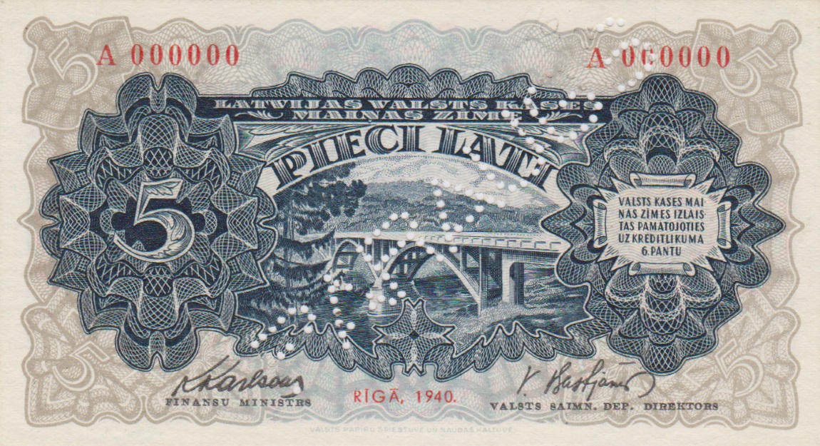Front of Latvia p34s: 5 Lati from 1940