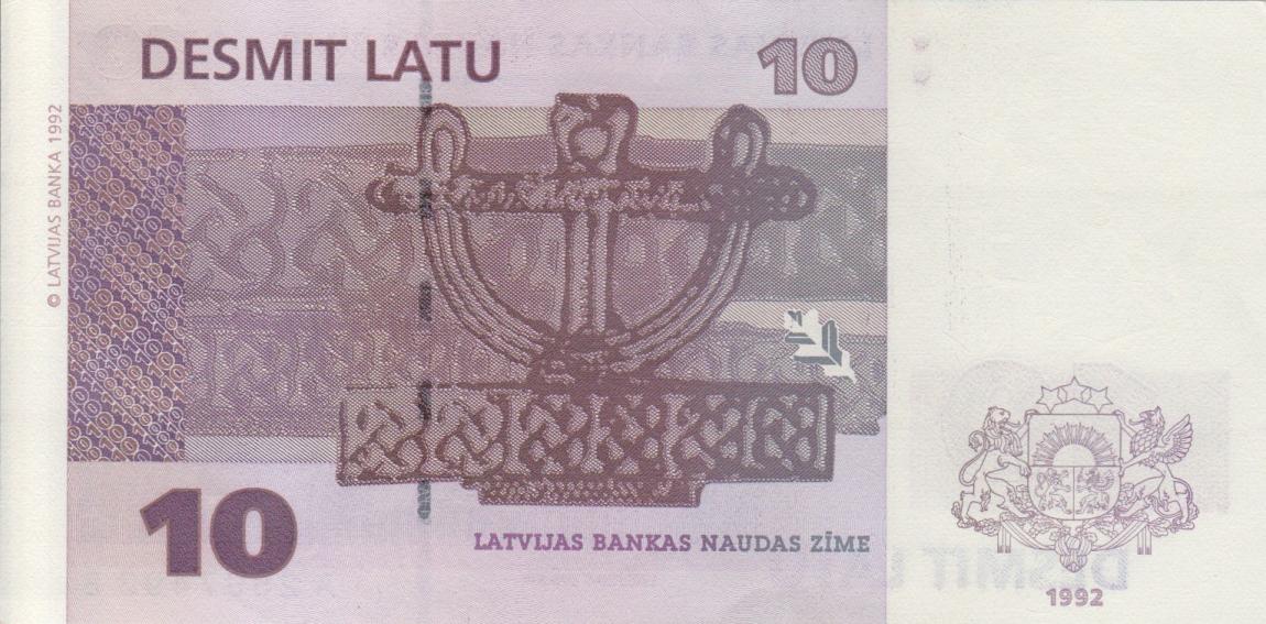 Back of Latvia p44a: 10 Latu from 1992