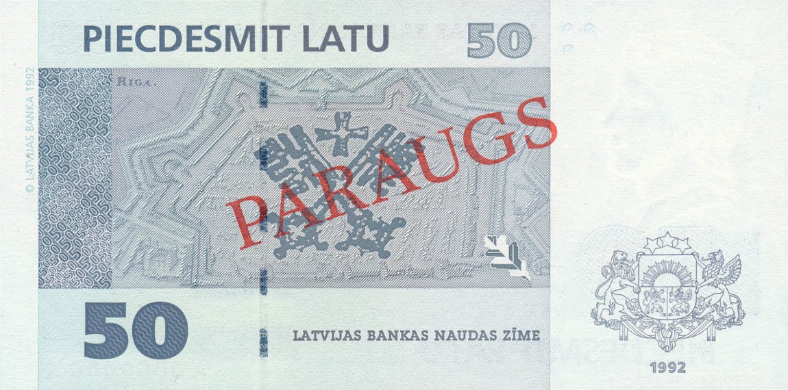 Back of Latvia p46s: 50 Latu from 1992