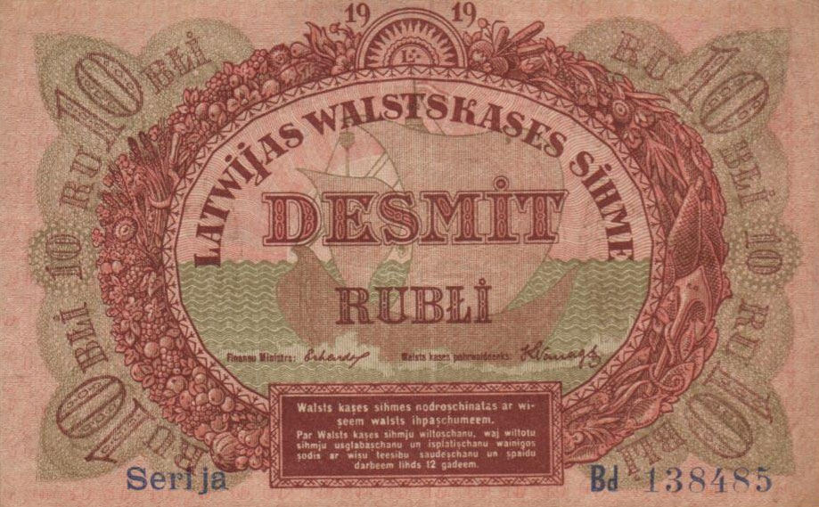 Front of Latvia p4b: 10 Rubli from 1919