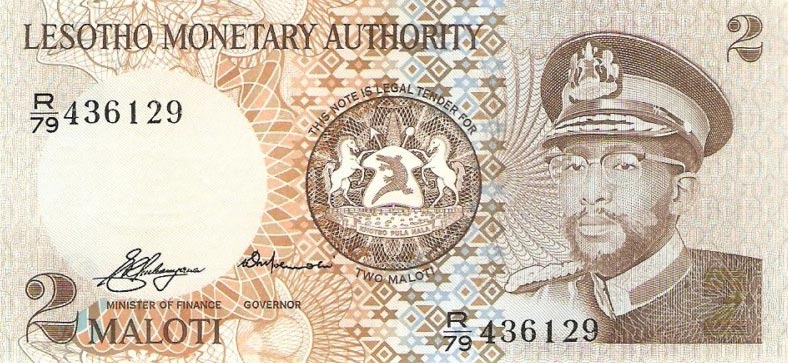 Front of Lesotho p1a: 2 Maloti from 1979
