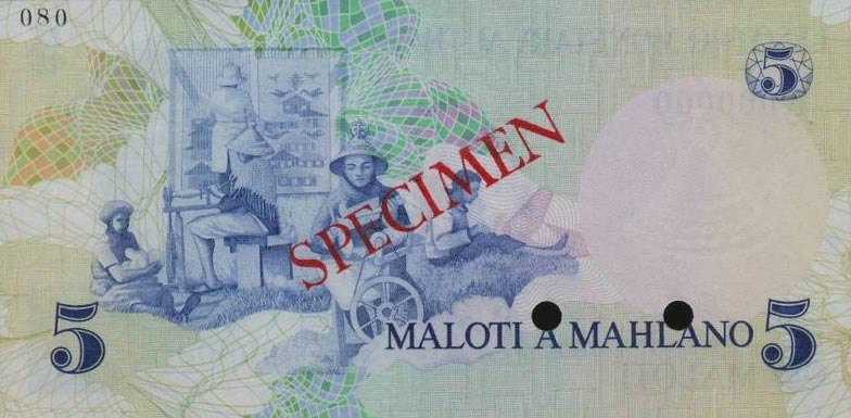 Back of Lesotho p2s: 5 Maloti from 1979