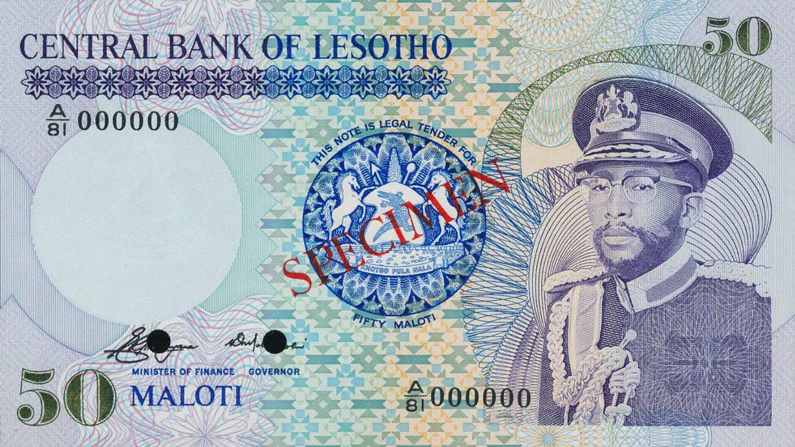 Front of Lesotho p8s: 50 Maloti from 1981