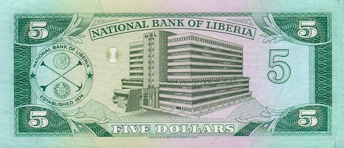 Back of Liberia p20: 5 Dollars from 1991
