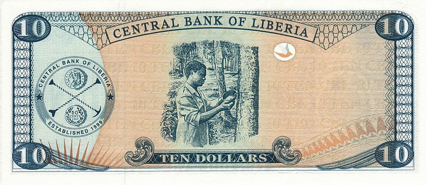 Back of Liberia p22: 10 Dollars from 1999
