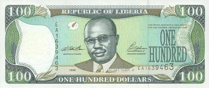 Front of Liberia p25: 100 Dollars from 1999