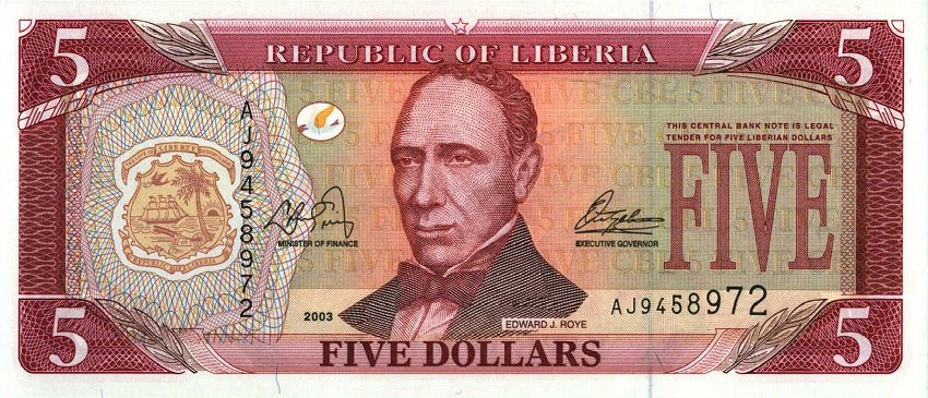 Front of Liberia p26a: 5 Dollars from 2003