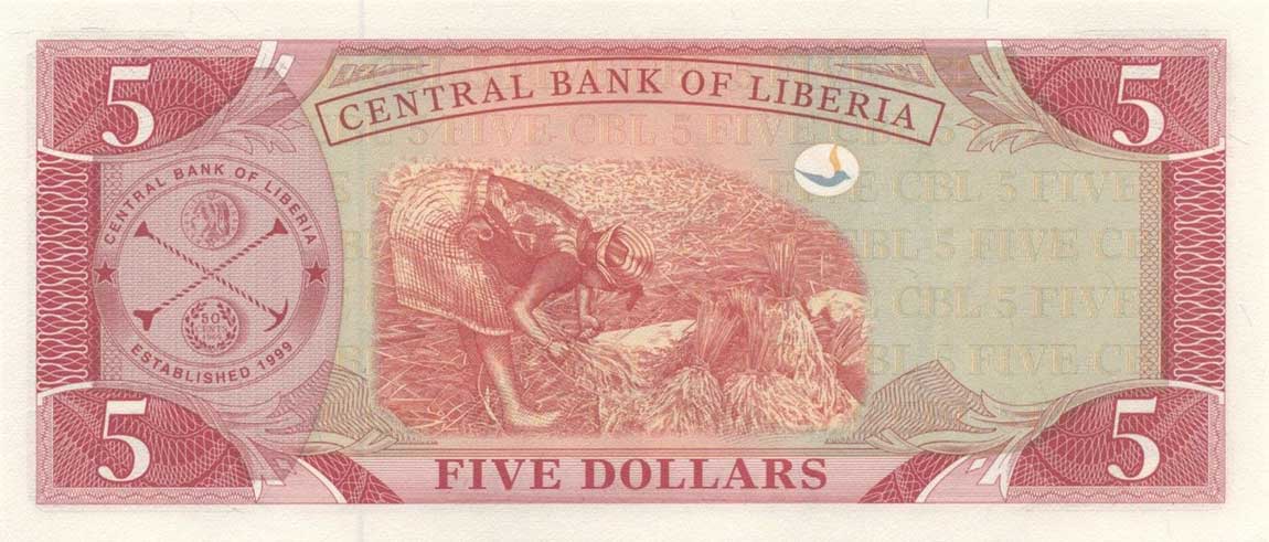 Back of Liberia p26e: 5 Dollars from 2009