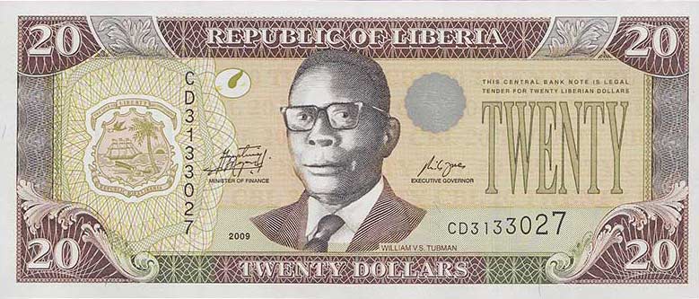Front of Liberia p28e: 20 Dollars from 2009