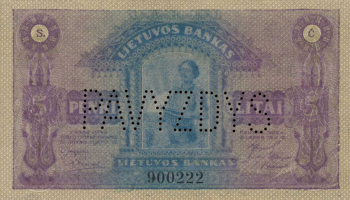 Front of Lithuania p15s1: 5 Litai from 1922