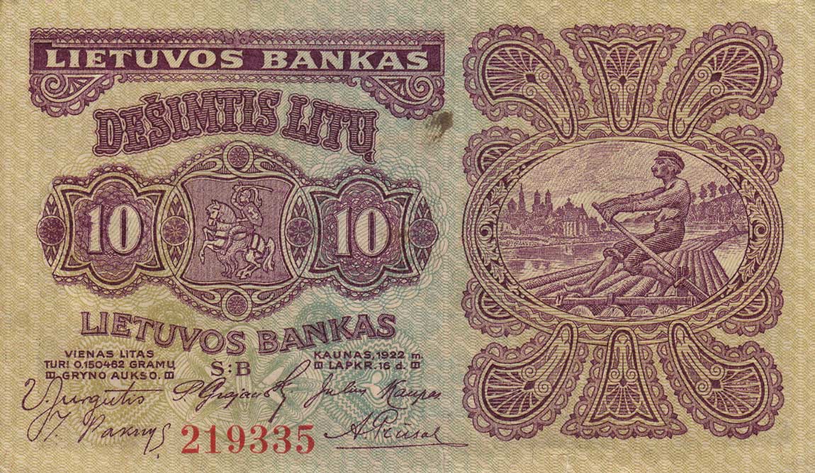 Front of Lithuania p18a: 10 Litu from 1922