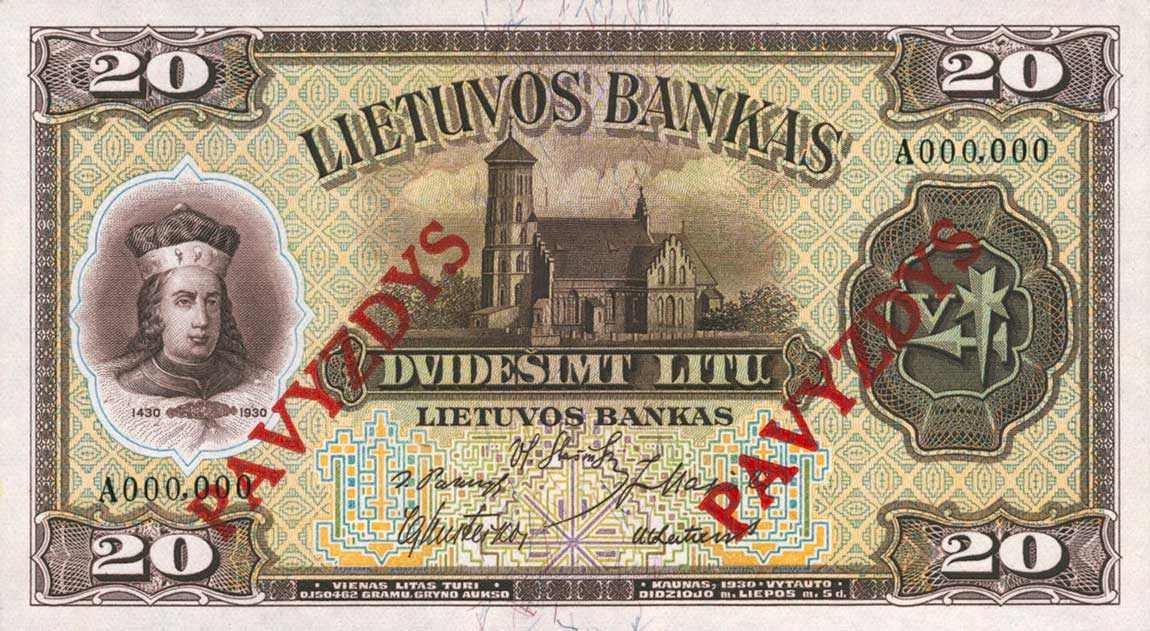 Front of Lithuania p27s2: 20 Litu from 1930