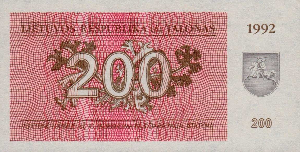 Back of Lithuania p43a: 200 Talonas from 1992