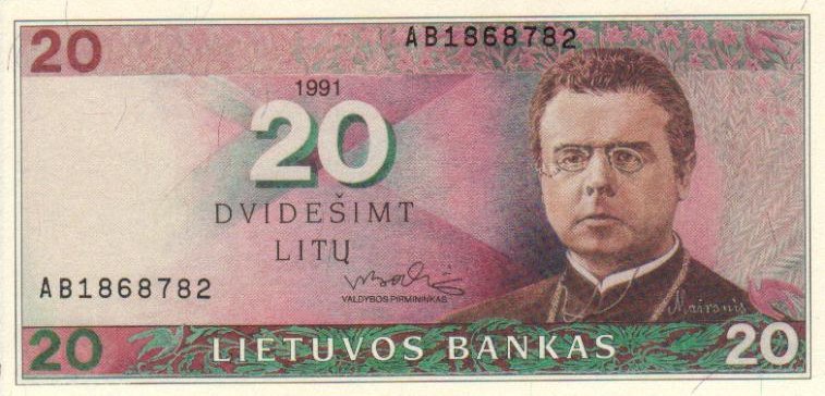 Front of Lithuania p48: 20 Litu from 1991