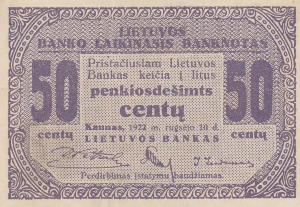 Front of Lithuania p4a: 50 Centu from 1922