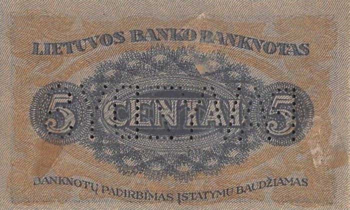 Back of Lithuania p9s1: 5 Centai from 1922
